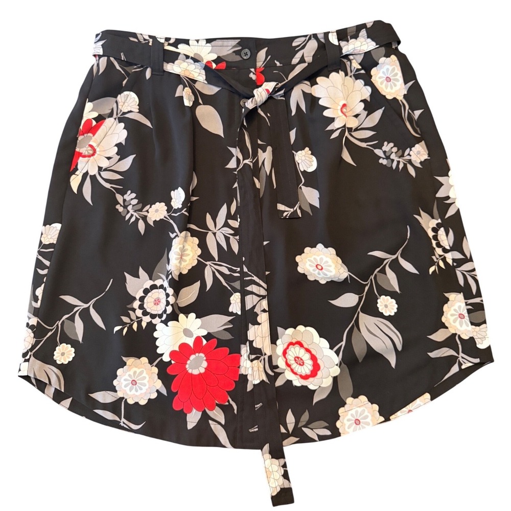 LOFT Floral Mini Skirt Womens Size S Black Red Button Front Tie Waist Excellent